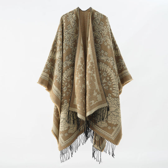 Damen Jacquard-Umhangponcho aus Wollmix mit beidseitigem Paisley-Jacquard und Fransen Shop Nory