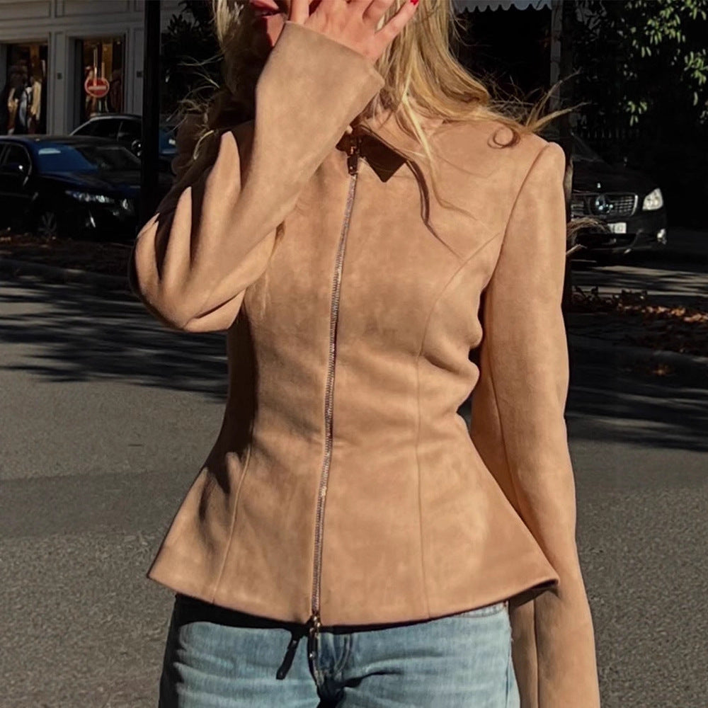 Damen Taillierte Velourslederoptik-Jacke mit Zweiwege-Reißverschluss Shop Nory