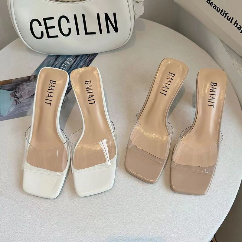 Damen Transparente Slip-On‑Sandalette mit quadratischer Zehenbox und facettiertem Acryl‑Blockabsatz Shop Nory