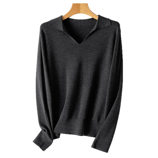 Damen feiner leichter V-Ausschnitt-Pullover mit offenem Hemdkragen und legerer Silhouette Shop Nory