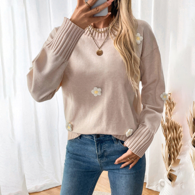Damen Lässiger Rundhals-Pullover mit 3D-Blüten-Applikationen und gerippten Bündchen Shop Nory