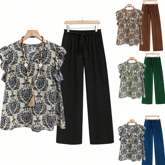 Damen Zweiteiliges Ensemble mit Rüschen-Printbluse und weitem Taillen-Hosenmodell Shop Nory