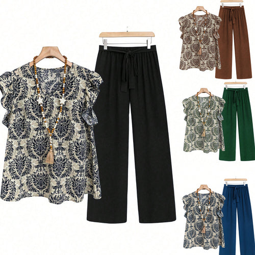 Damen Zweiteiliges Ensemble mit Rüschen-Printbluse und weitem Taillen-Hosenmodell Shop Nory