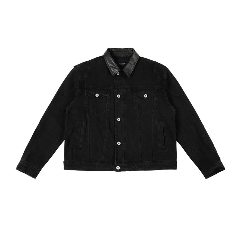 Herren Boxy-Jeansjacke mit Lederimitatkragen und sichtbaren Metallknöpfen Shop Nory