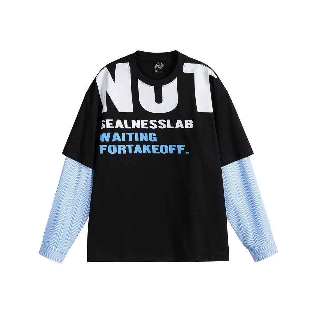Damen Lagenlook T-Shirt mit eingearbeiteten Hemdärmeln und oversized Print Shop Nory