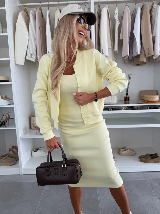 Damen figurbetontes Strick-Midikleid mit passender Kurzjacke und Rundhalsausschnitt Shop Nory
