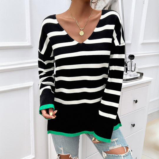 Damen nan gestreifter V‑Neck Feinstrickpullover mit verlängertem Tunika‑Schnitt und geripptem Saum Shop Nory
