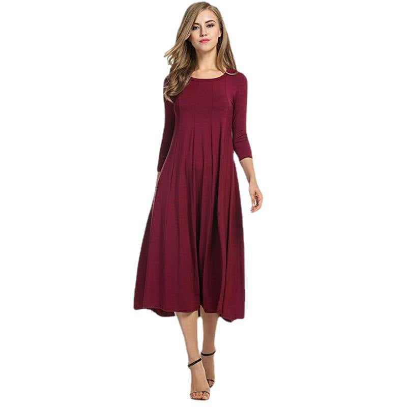 Quadrat-Ausschnitt 3/4-Lange Uni-Farbe Midi-Kleid