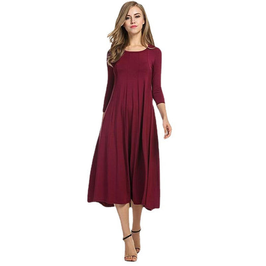 Quadrat-Ausschnitt 3/4-Lange Uni-Farbe Midi-Kleid