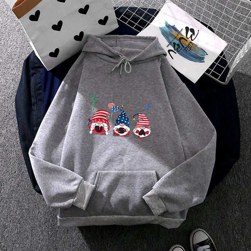 Damen nan Kapuzenpullover mit patriotischem Gartenzwerg-Print, angerautem Fleece-Innenfutter, Oversize-Schnitt und Kängurutasche Shop Nory