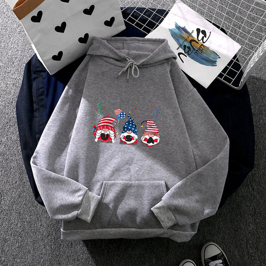 Damen nan Kapuzenpullover mit patriotischem Gartenzwerg-Print, angerautem Fleece-Innenfutter, Oversize-Schnitt und Kängurutasche Shop Nory
