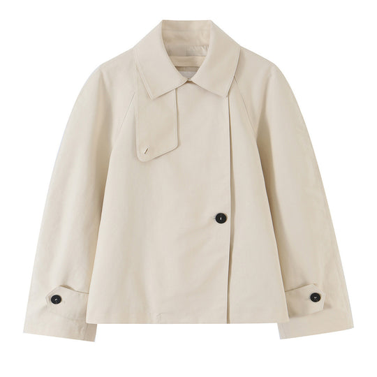 Damen Kurz geschnittene Trenchjacke mit asymmetrischer Knopfleiste und Hemdkragen Shop Nory