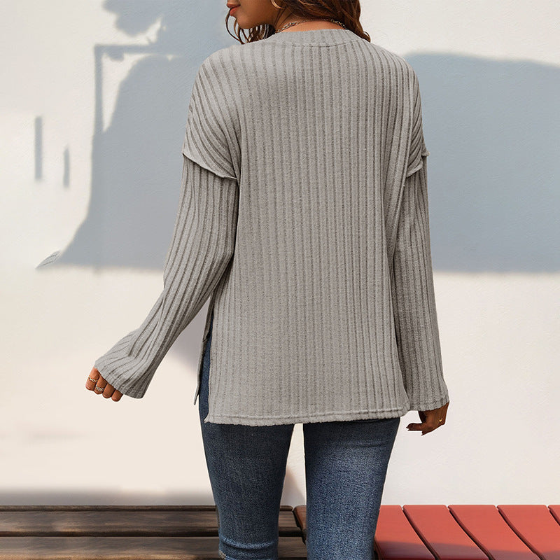 Damen Gerippter Henley-Pullover mit Knopfleiste und überschnittener Schulter Shop Nory