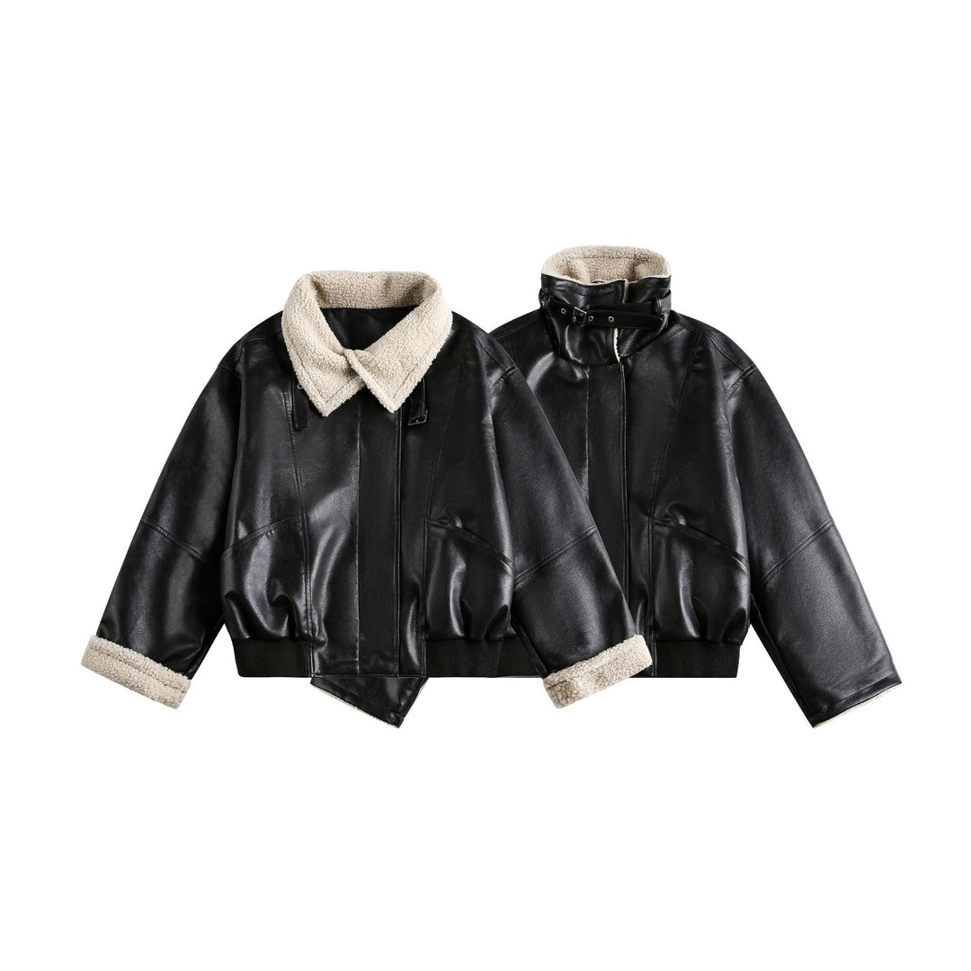 Damen Moderner Aviator-Blouson aus veganem Leder mit Teddykragen und kontrastierten Ärmelumschlägen Shop Nory