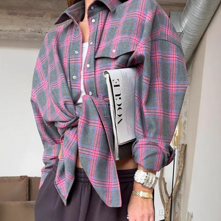 Damen Karo Oversize Flanellhemd Bluse mit Druckknopfblende und Hemdkragen Shop Nory