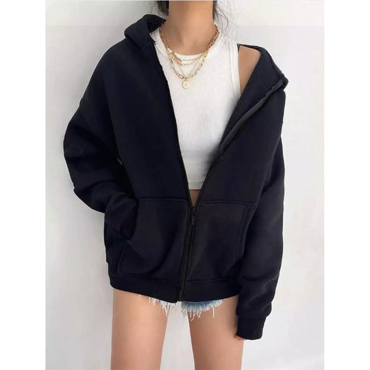 Damen nan oversized Zip-Hoodie mit French-Terry Fleece, Kängurutaschen und verlängerten Ärmelbündchen Shop Nory