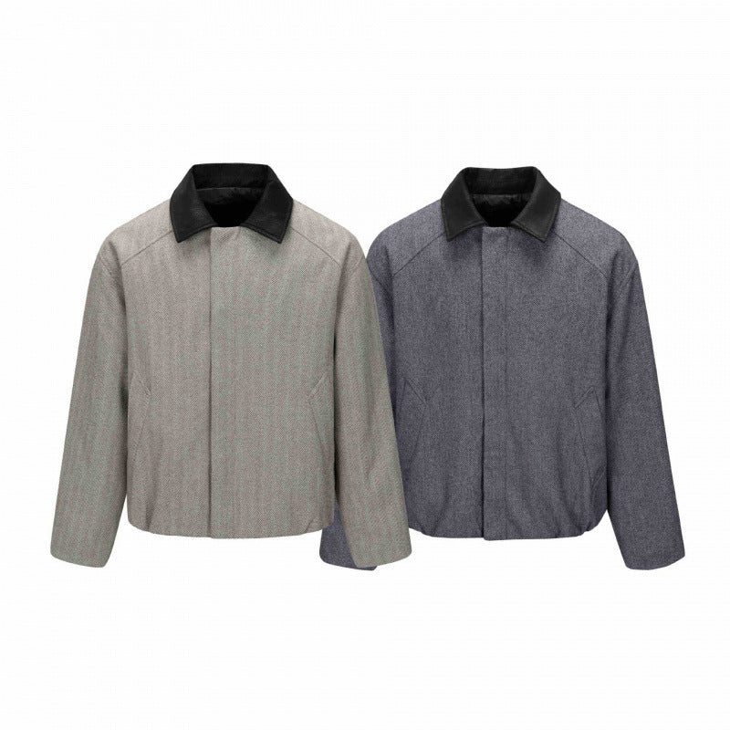 Herren Kurzblouson im Fischgrät-Wollmix mit Lederkragen und verdeckter Verschluss Shop Nory