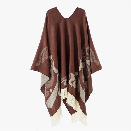 Damen Wollmix-Poncho im Umhangstil mit V-Ausschnitt, kontrastierendem Ornament-Jacquard und Fransen Shop Nory
