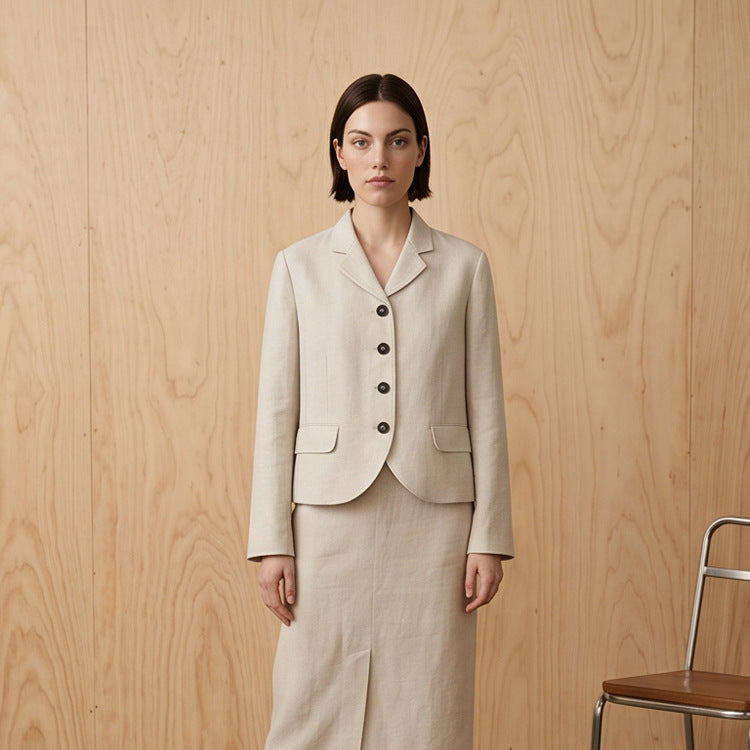Damen Taillierter Leinenblazer mit Schößchen, Pattentaschen und durchgehender Knopfleiste Shop Nory