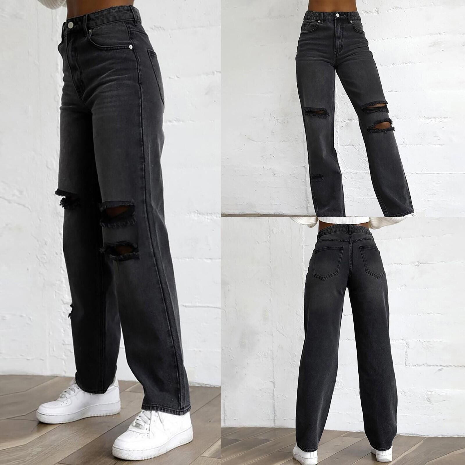 Damen High-Waist Ripped Jeans mit fransigen Details