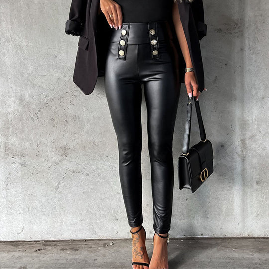 Damen imitat Leggings mit glänzender Oberfläche und dekorativen Knöpfen