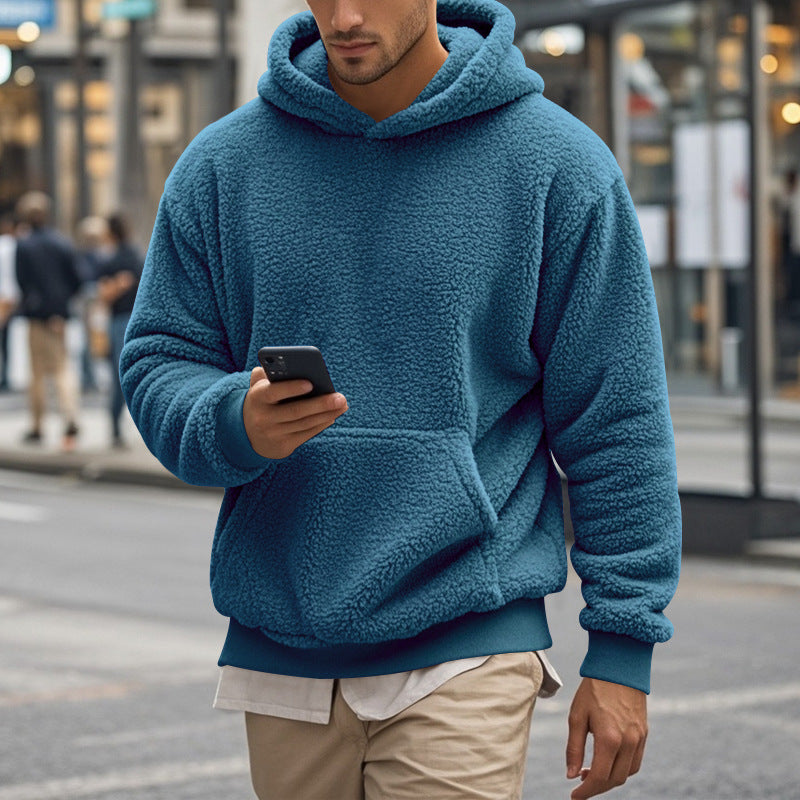Herren Hoodie aus kuscheligem Teddy-Fleece mit Kängurutasche und breiten Bündchen
