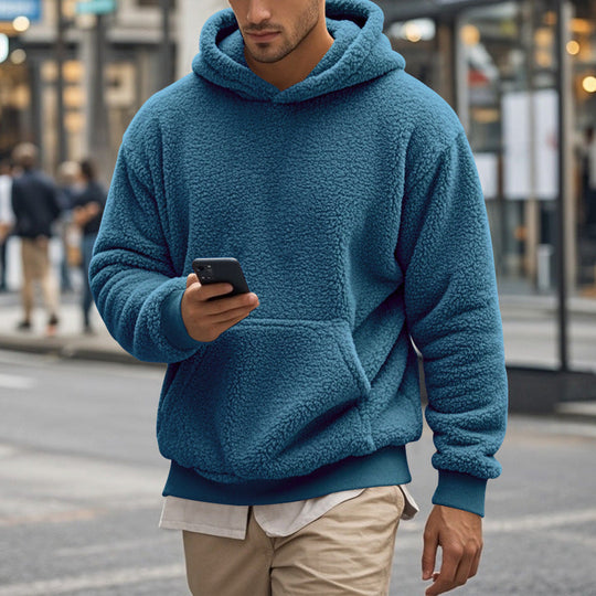 Herren Hoodie aus kuscheligem Teddy-Fleece mit Kängurutasche und breiten Bündchen