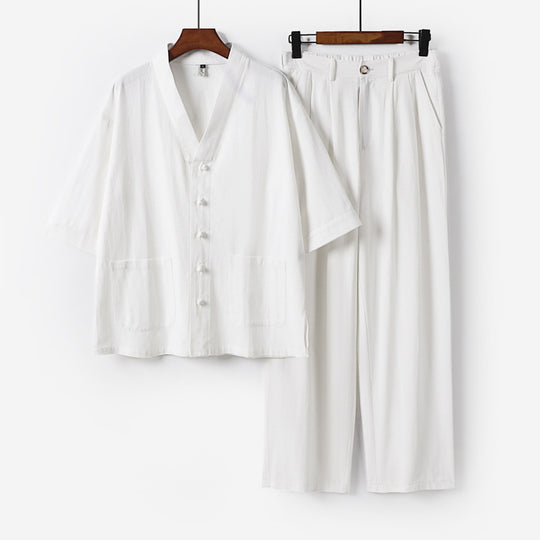 Unisex Zen-inspiriertes Relax-Set mit Kurzarm-Kimono-Oberteil, verdeckter Knopfleiste und elastischer Bundhose Shop Nory