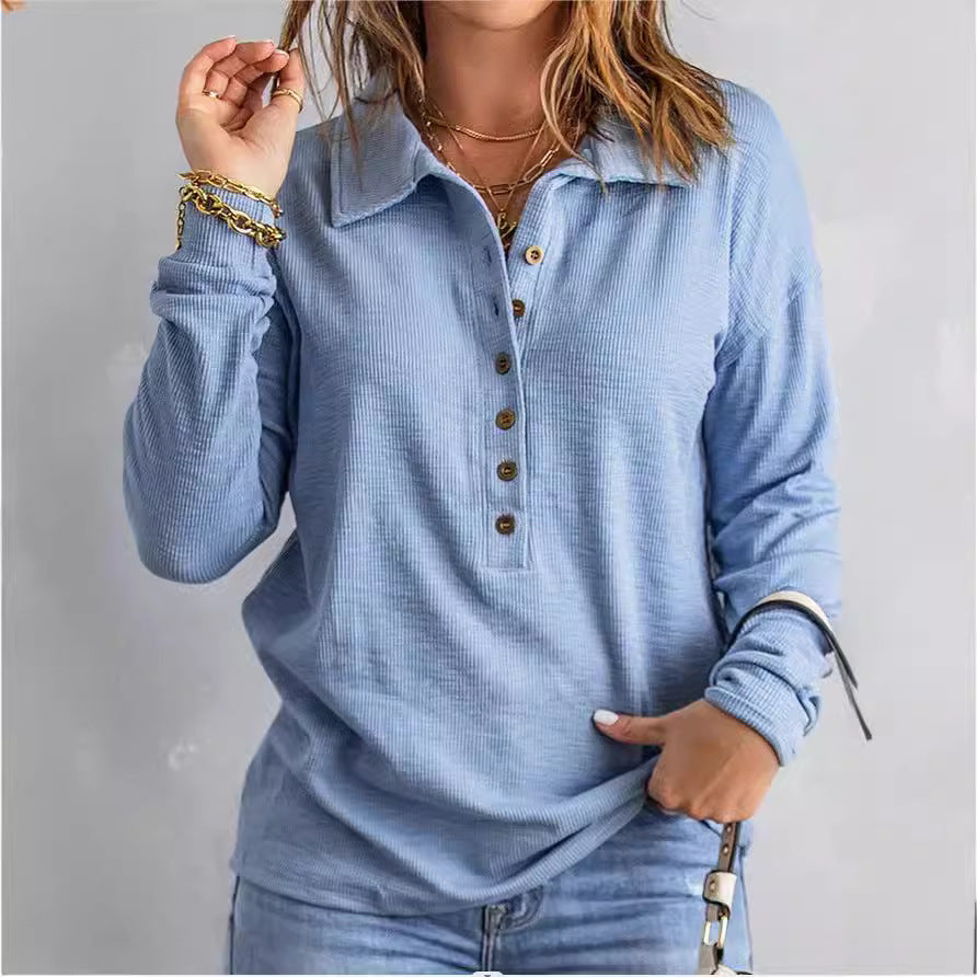Damen Langarm-Waffelshirt mit Hemdkragen und Knopfleiste Shop Nory