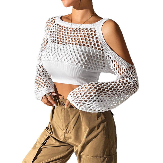 Damen gestricktes Netzoberteil mit offenen Schultern und modischem Design