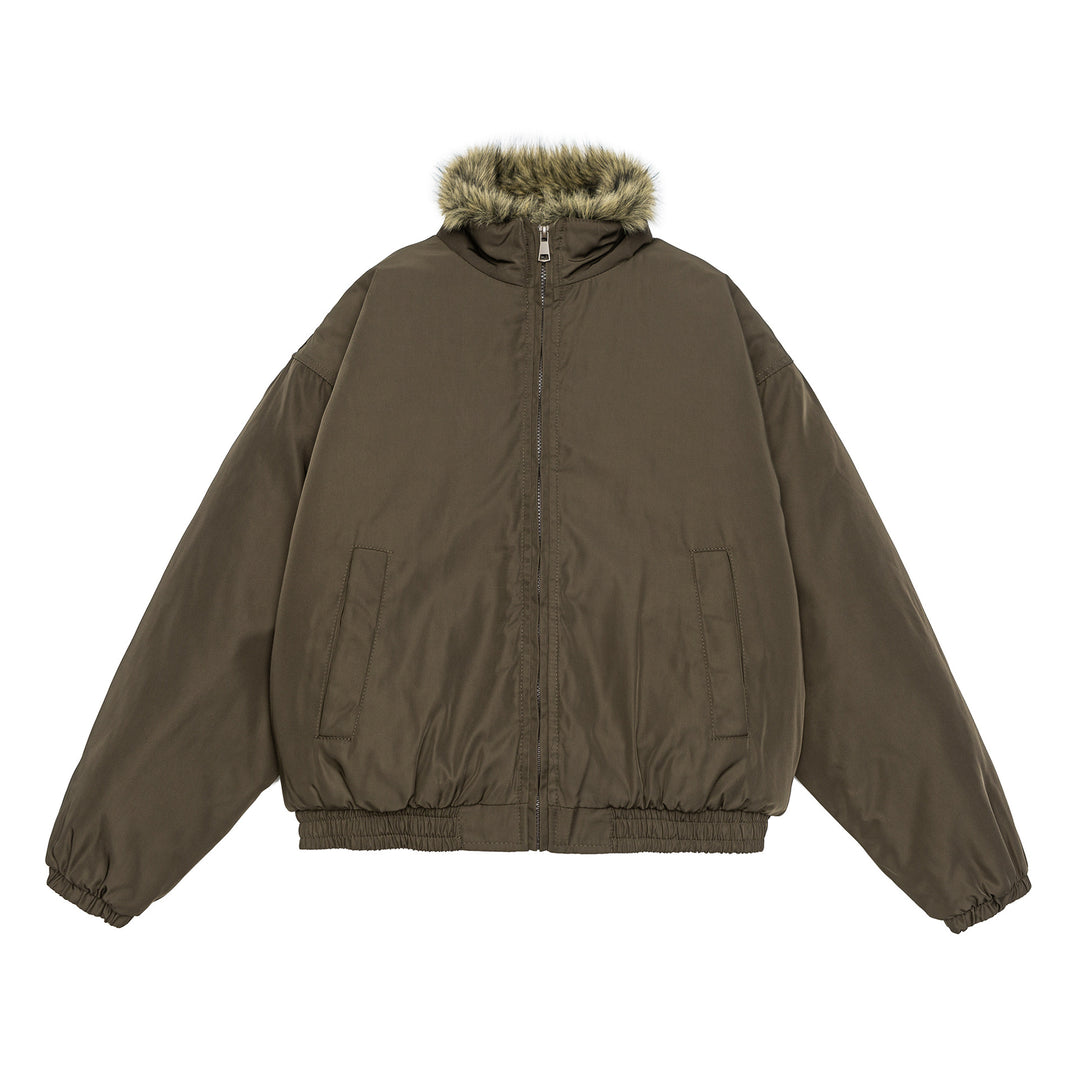 Damen Oversize wattierte Bomberjacke mit elastischem Saum und Kunstfellbesatz Shop Nory