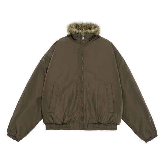 Damen Oversize wattierte Bomberjacke mit elastischem Saum und Kunstfellbesatz Shop Nory