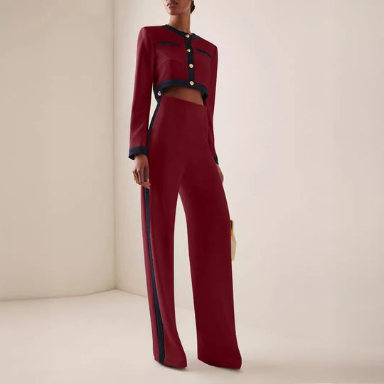 Damen Kurzgeschnittenes Cropped-Tailoring-Set mit Kontrastpaspel und High‑Waist Palazzo-Hose Shop Nory