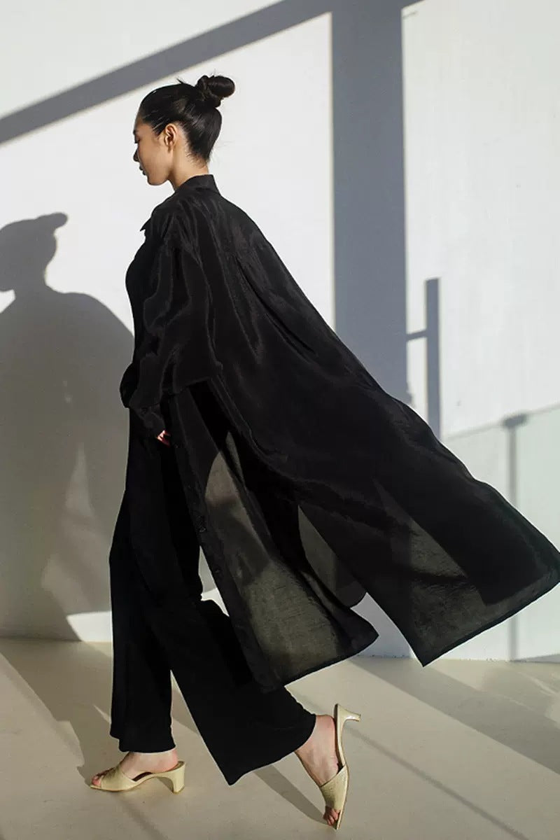 Damen Oversize Hemdblusen-Mantel mit Brusttasche, Seitenschlitz und fließender Leinenoptik Shop Nory