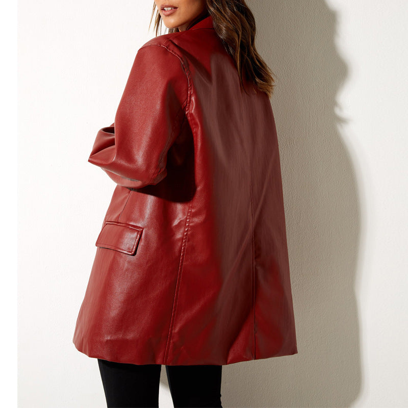 Damen Oversized Kunstleder Blazerjacke