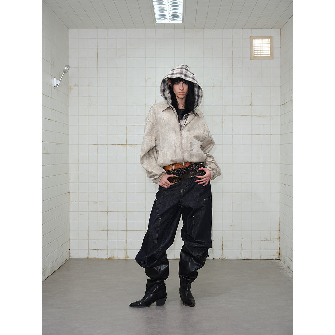 Unisex Kurz geschnittene Boxy‑Jacke aus Wildlederoptik mit kariert gefütterter Kapuze Shop Nory