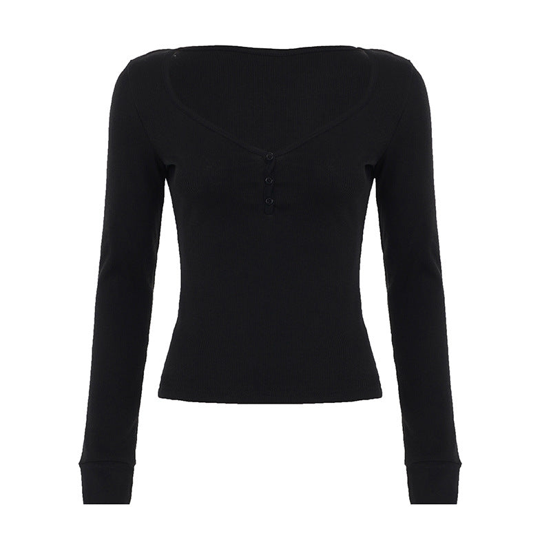Damen nan figurbetontes geripptes Langarm-Henley-Top mit tiefem V-Ausschnitt und Knopfleiste Shop Nory