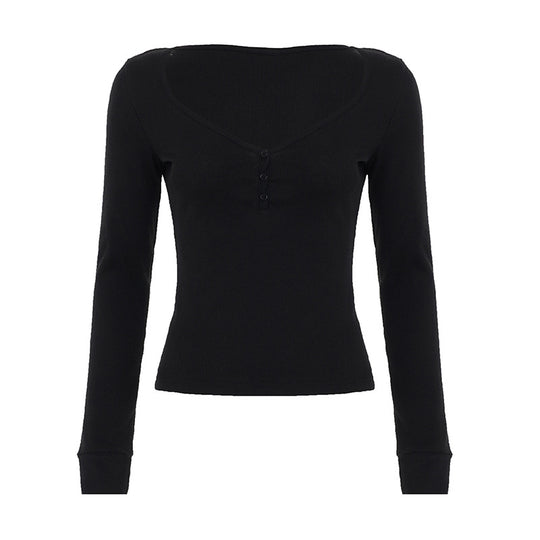 Damen nan figurbetontes geripptes Langarm-Henley-Top mit tiefem V-Ausschnitt und Knopfleiste Shop Nory