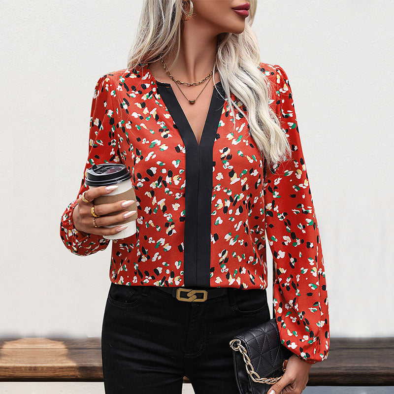 Damen Leichte Langarm-Bluse mit kontrastierender Blende und abstraktem Allover-Print Shop Nory
