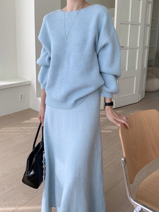 Damen Strick-Set aus Oversize-Ripp-Pullover und fließendem Maxirock Shop Nory