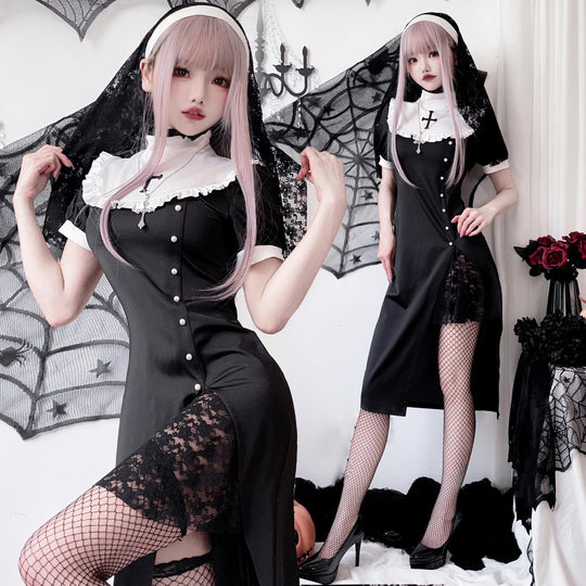Damen Gothic Nonnenkostüm mit transparenten Spitzenärmeln und Kreuzdetails Shop Nory