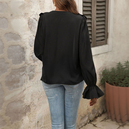 Damen feminine Rüschenbluse mit V-Ausschnitt Volantreihe und Glockenärmeln Shop Nory