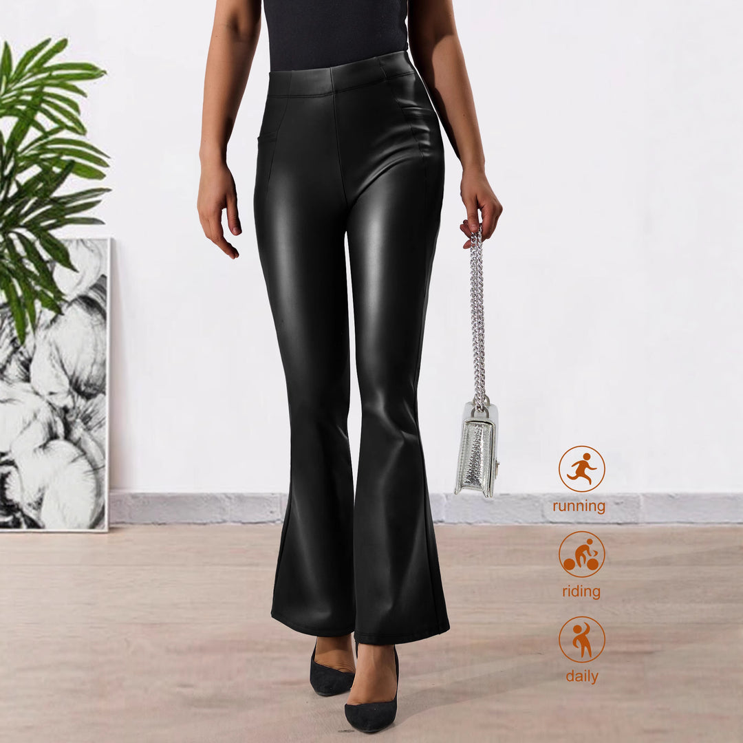 Damen Hochtaillierte Kunstleder-Flared-Leggings mit V-Seitentasche und figurformender Passform Shopy Nory