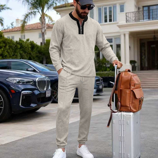 Herren Leichtes Henley-Loungewear-Set mit Kontrastkragen, Tunnelzug-Jogger und elastischen Bündchen Shop Nory