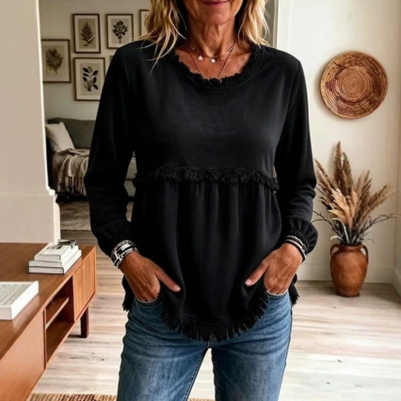 Damen Verspielte Fransen-Tunika mit Empirenaht und Eingrifftaschen Shop Nory