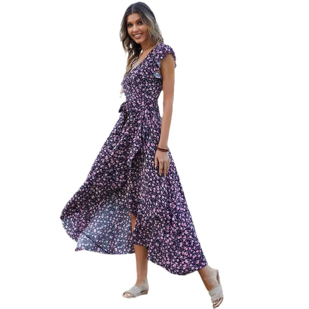 Damen Maxikleid mit verspieltem Flatterärmel und tiefem V-Ausschnitt