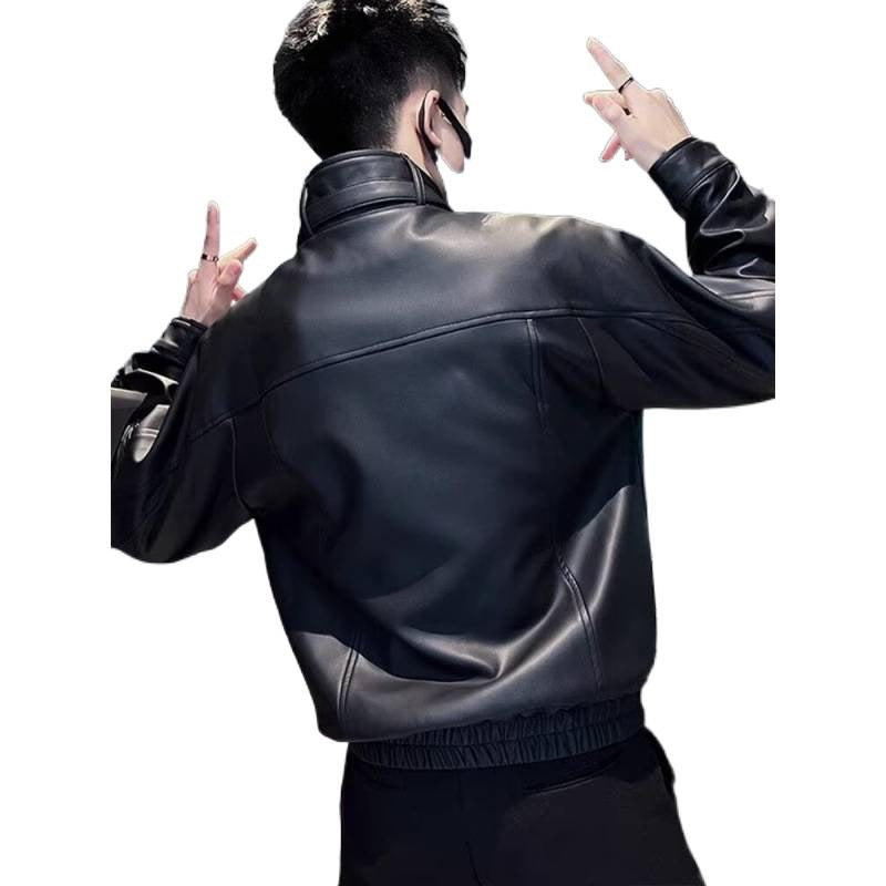 Herren Biker-inspirierte Kunstleder-Bomberjacke mit Stehkragen und elastischem Saum Shop Nory