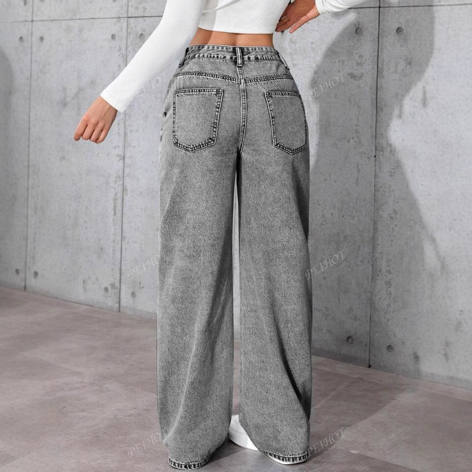 Damen Weit geschnittene Jeans mit kräftigen Kontrastnähten und verspielt gestickten Taschen