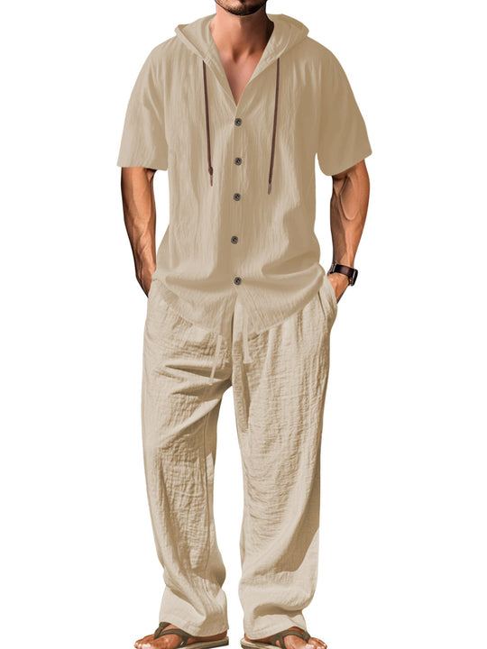 Herren nan luftiges Leinen-Lounge-Set mit kurzärmeligem Kapuzenhemd und gerader Relaxhose