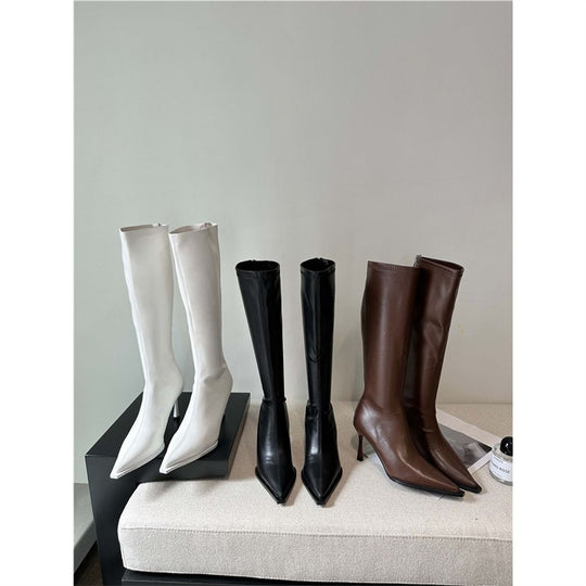 Damen kniehohe spitz zulaufende Stiefel mit sculpted Stiletto-Absatz und Rückseitenreißverschluss Shop Nory